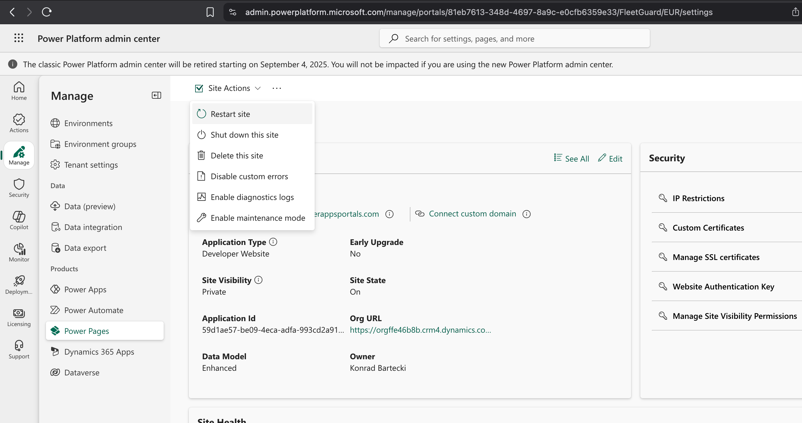 Screenshot showing the Power Platform admin center of a single portal with Site Actions opened and Restart Page option visible