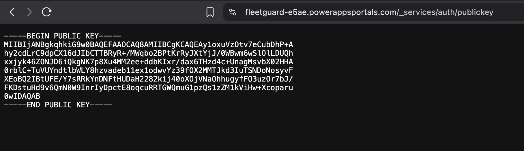 Screenshot showing the public key available from a simple unauthenticated browser request