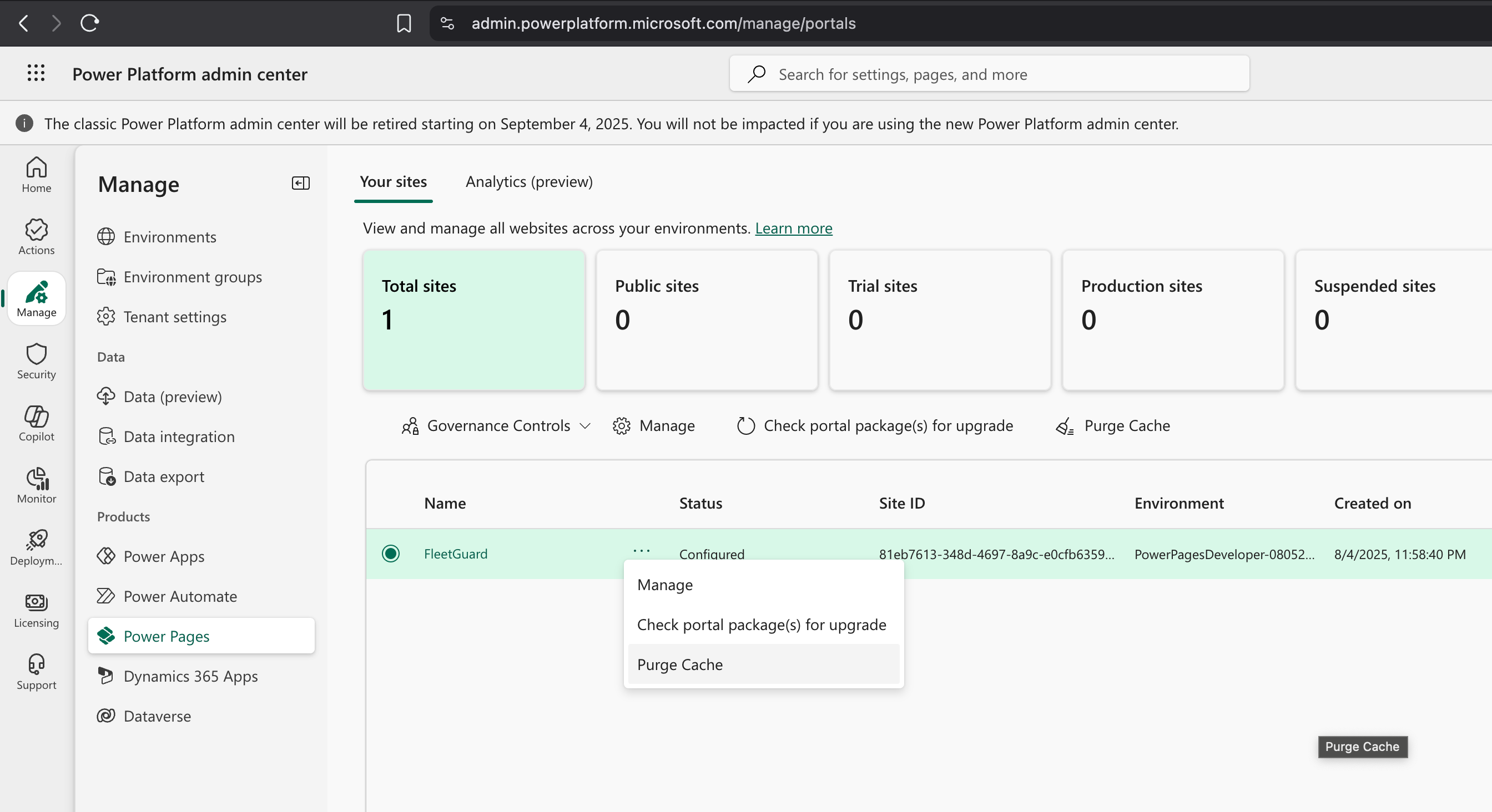 Screenshot showing the Power Platform admin center, manage portals view with an option to purge cache