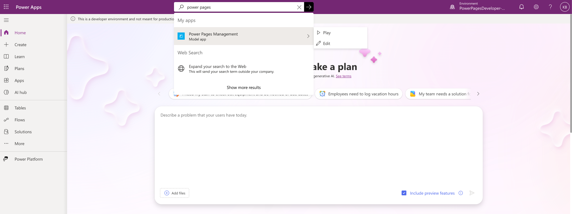 Screenshot showing how to find the Power Pages Management app in the Power Apps maker portal.