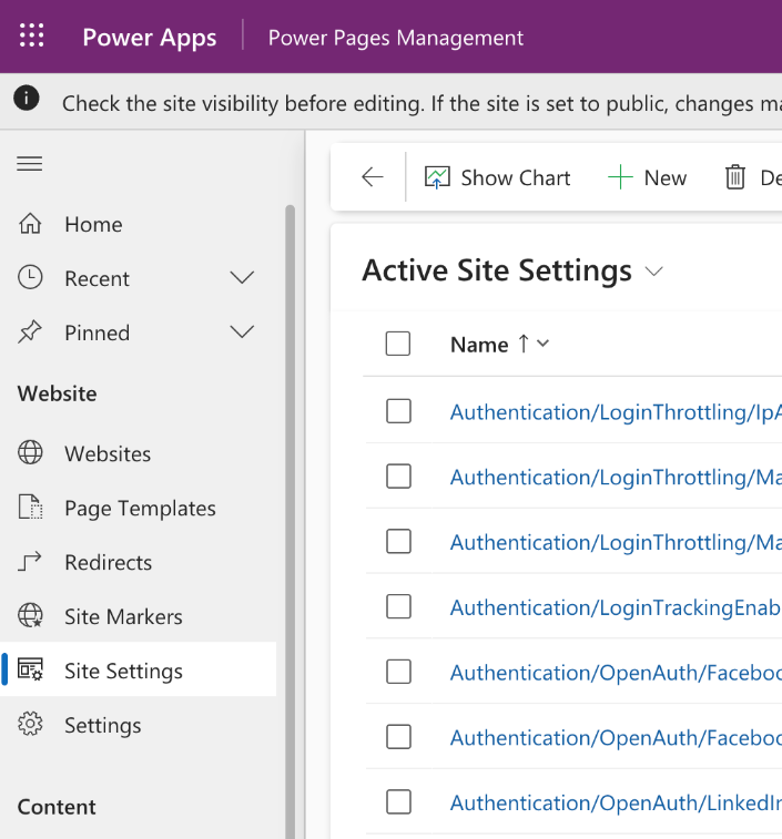 Screenshot of the Power Pages Management app with the Site Settings menu item highlighted.