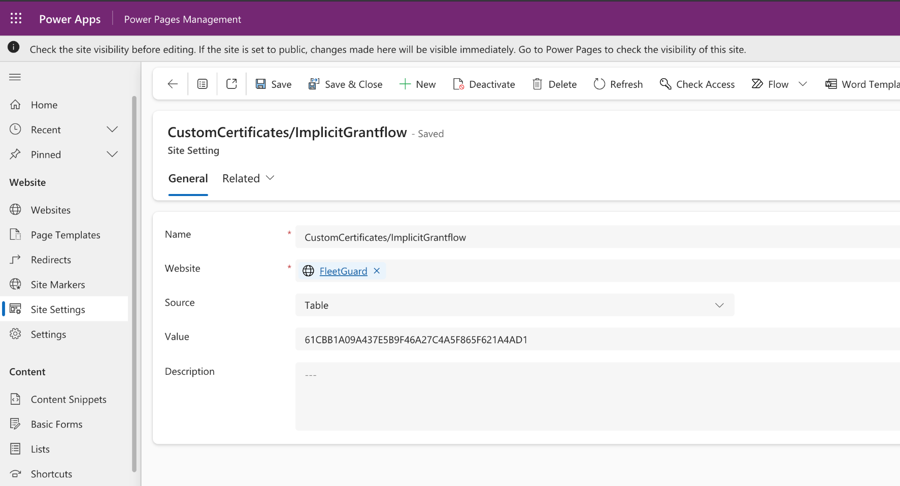 Screenshot showing the completed new Site Setting form with the Name, Website, and thumbprint Value filled in.