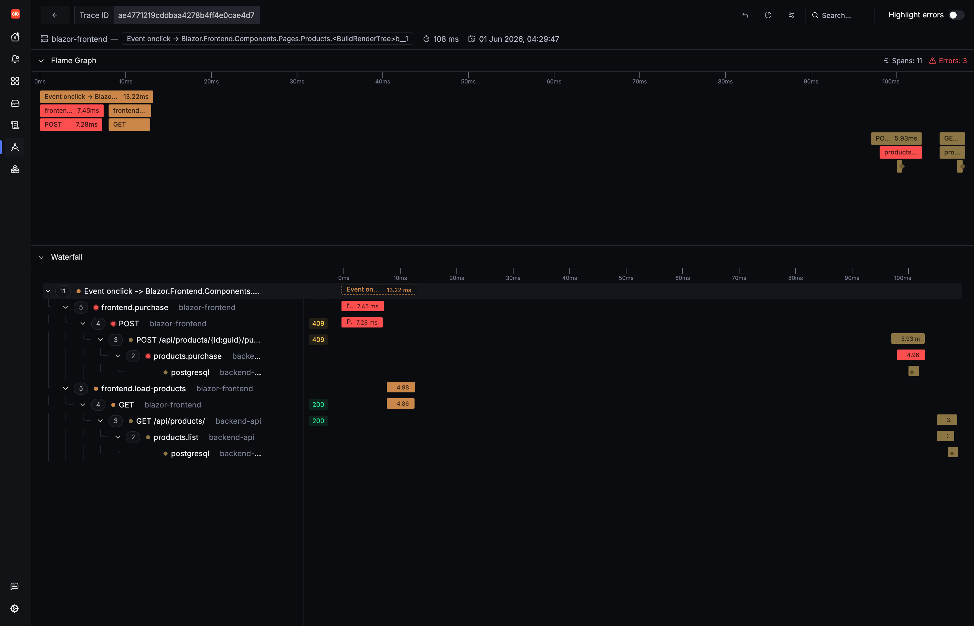 SigNoz distributed trace of an out-of-stock purchase, with frontend.purchase, the POST, and products.purchase spans all marked error 409