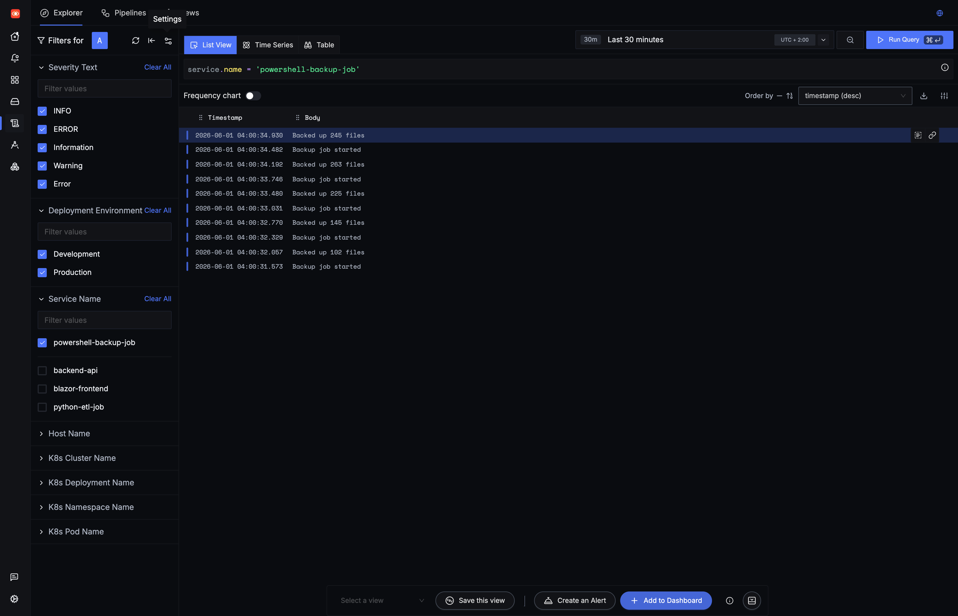 SigNoz Logs Explorer filtered to service.name = powershell-backup-job, showing structured backup logs